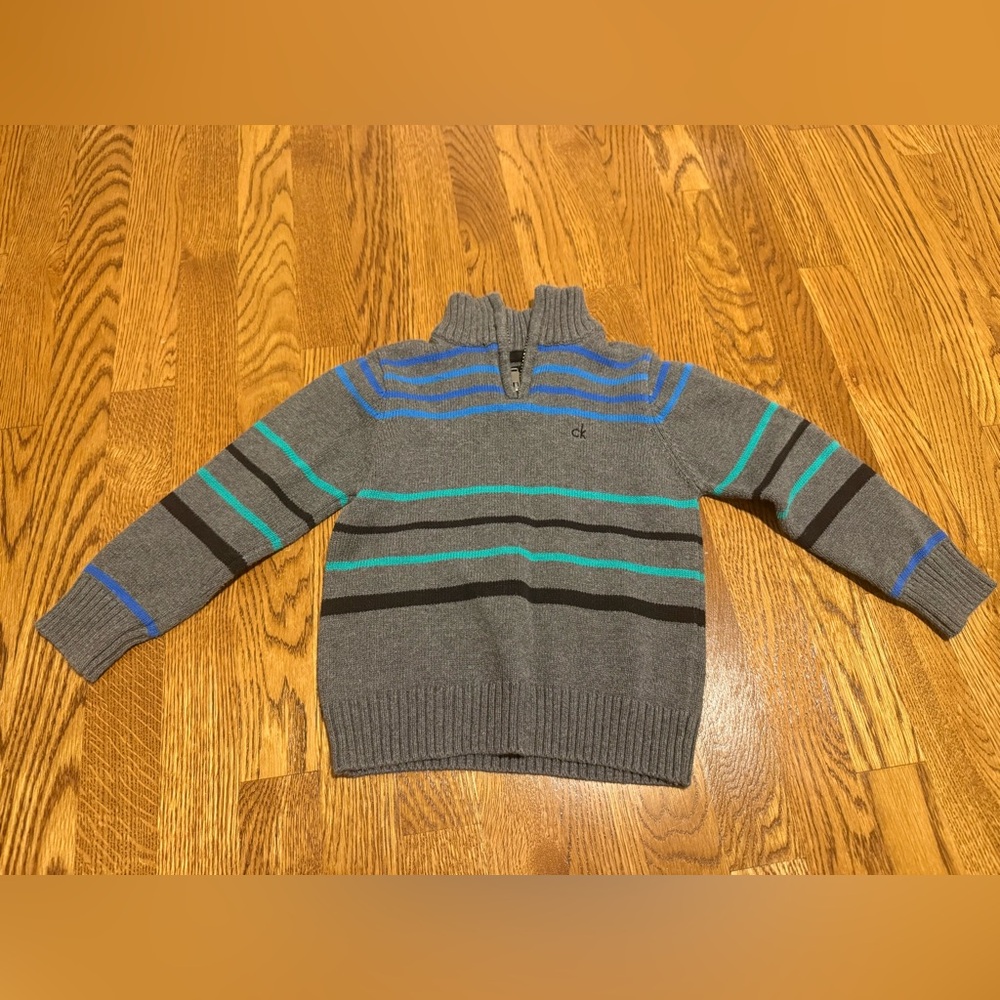 Calvin Klein Boys Gray Sweater with Blue and Black Stripes